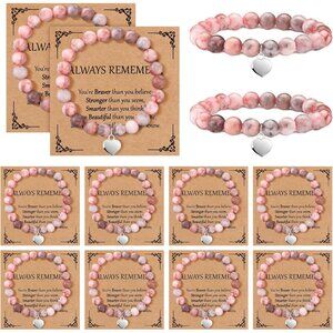 12-Piece Pink Natural Stone Beaded Bracelets with Inspirational Cards